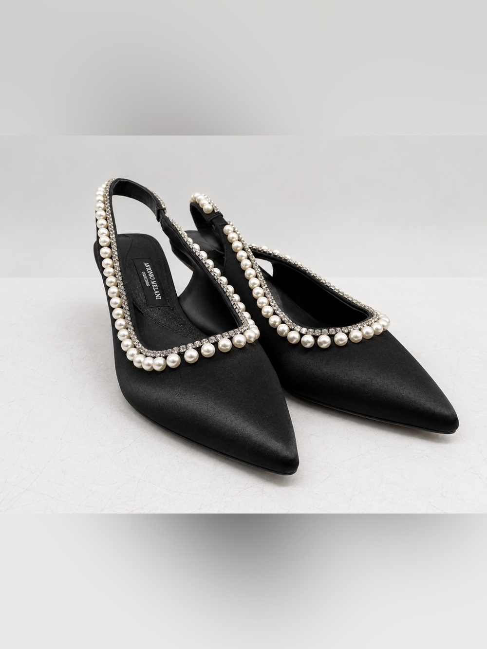 Antonio Melani Black Satin Slingback Heels Pearl Rhinestone Pointed Toe Pumps